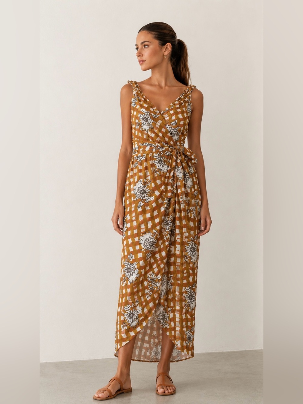 Rebecca Taylor Brown and White Floral cotton Checkered Maxi Dress